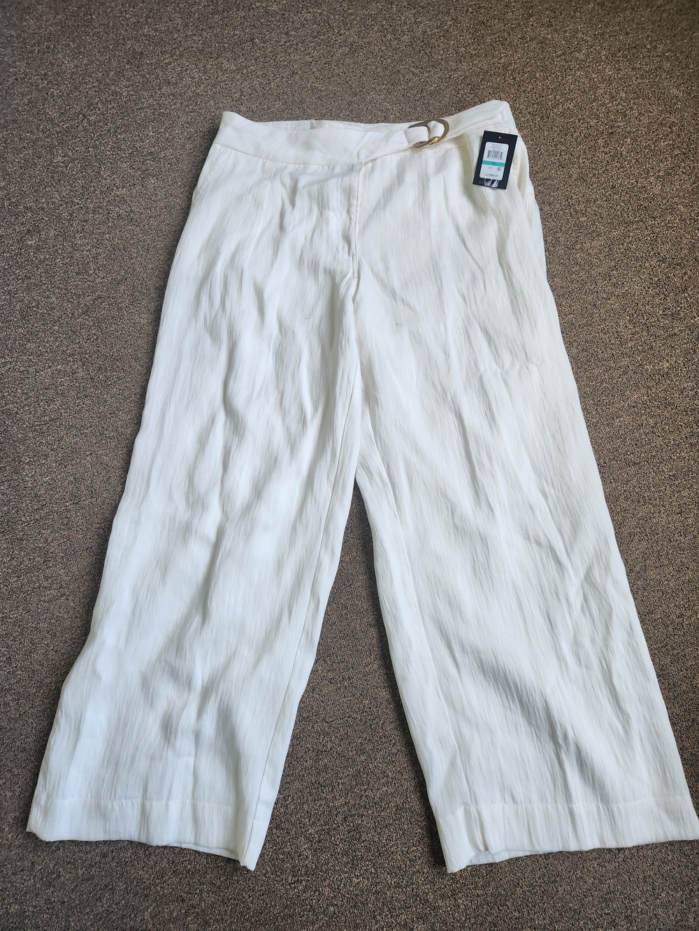 DKNY White Wide Leg Pants with Gold Buckle